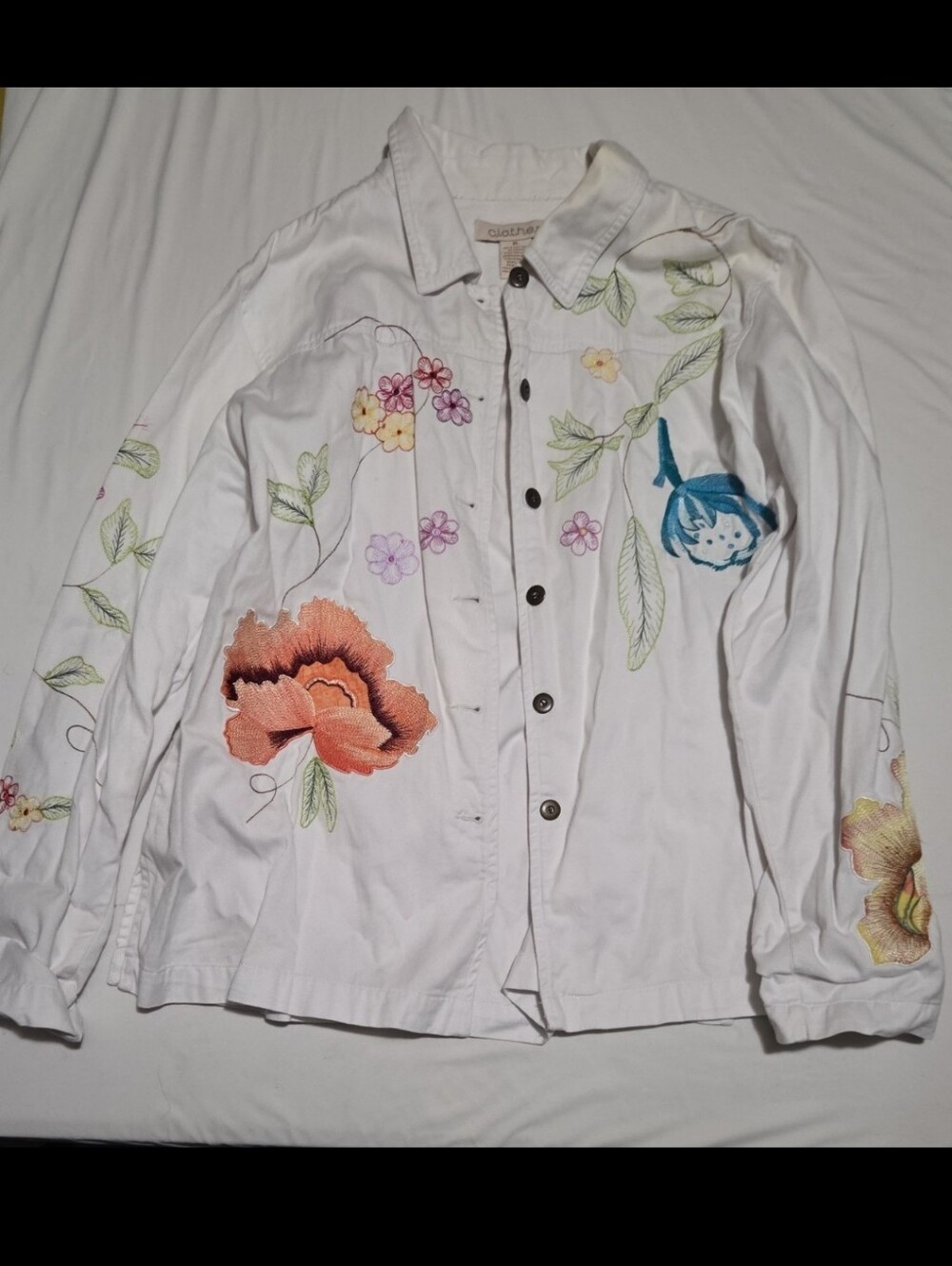 Clothes women's XL white floral button Blouse #17